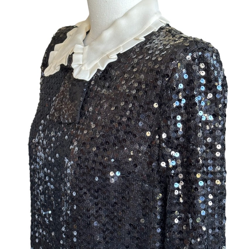 Miu Miu Black Sequinned Dress with White Frill Detail