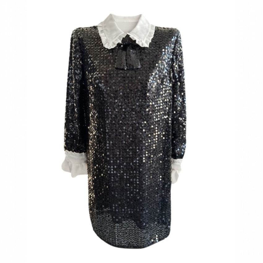 Miu Miu Black Sequinned Dress with White Frill Detail
