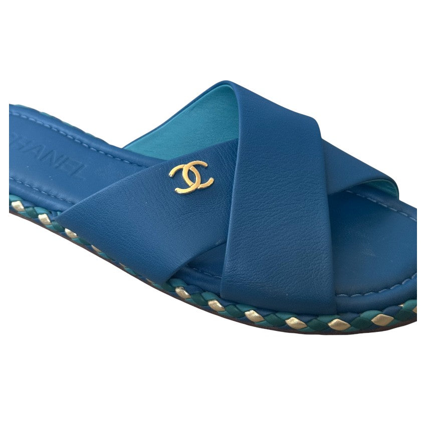 Chanel Leather Cross Strap Slides