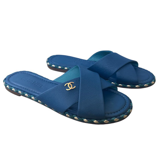 Chanel Leather Cross Strap Slides